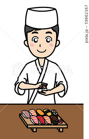 お寿司を握る男性の板前さんのイラスト素材