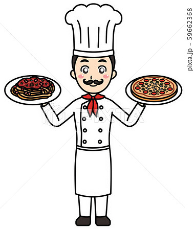 ピザとパスタを持つ男性イタリアンシェフのイラスト素材