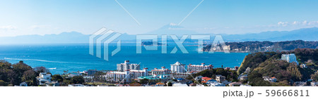(神奈川県-風景パノラマ)青空の下の江の島と富士2 (神奈川県-風景パノラマ)青空の下の江の島と富士2 59666811
