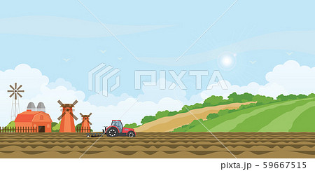 Farmer driving a tractor in farmed land and 59667515