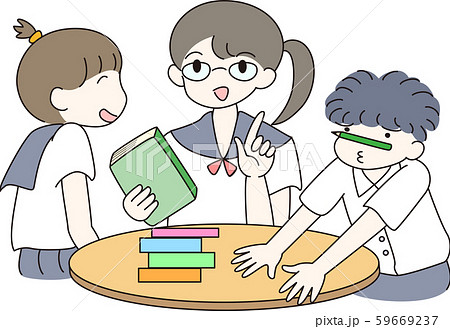 学校 制服 ３人セット グループ 笑顔 学生 生徒 勉強 図書室 図書館 本