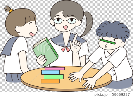学校 制服 ３人セット グループ 笑顔 学生 生徒 勉強 図書室 図書館 本 読書 メガネ 鉛筆のイラスト素材