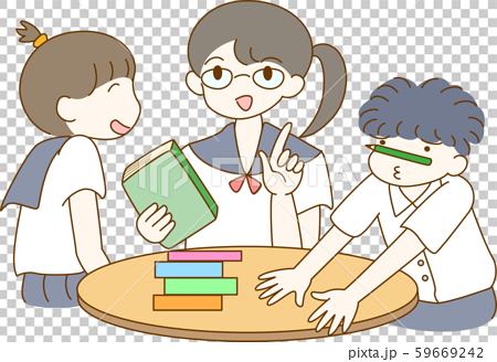 学校 制服 ３人セット 茶色線 笑顔 学生 生徒 勉強 図書室 図書館 本 読書 メガネ 鉛筆のイラスト素材