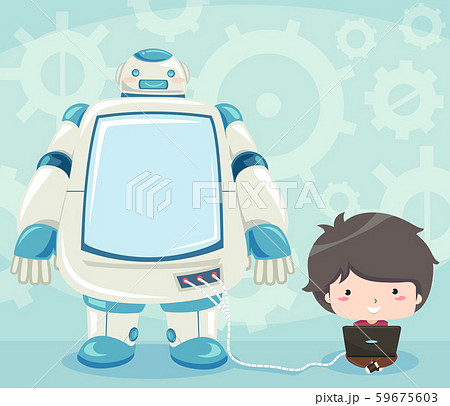 Kid Boy Laptop Connect Robot Illustration 59675603
