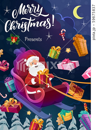 Santa with Christmas gifts flying on sleigh Santa with Christmas gifts flying on sleigh 59675837
