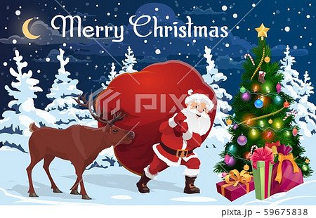 Santa and deer with bag of Christmas gifts Santa and deer with bag of Christmas gifts 59675838