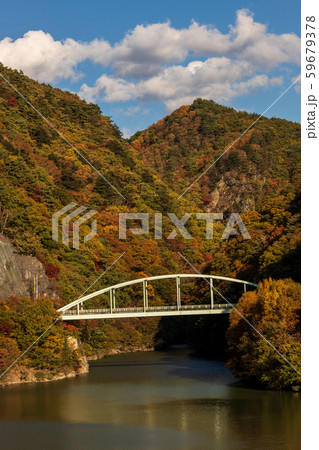 みずがき湖増富大橋と紅葉と青空 59679378