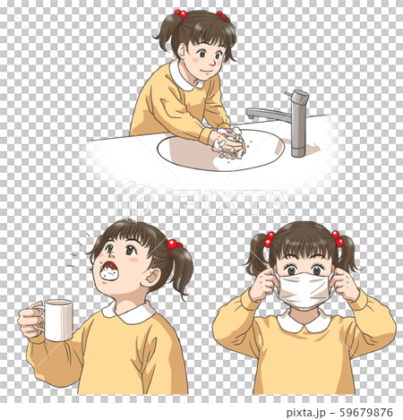 うがい 手洗い マスクをする女の子のセットのイラスト素材