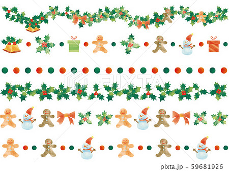 水彩風 クリスマス柊 ベル プレゼント ジンジャークッキー 雪だるま ドット ラインセットのイラスト素材 59681926 Pixta