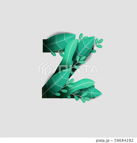 Letter Z Paper Cut Style Design With Green Leaf Beautiful Ornament Handcraft White Background. Vector Stock Illustration 59684282