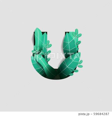 Letter U Paper Cut Style Design With Green Leaf Beautiful Ornament Handcraft White Background. Vector Stock Illustration 59684287