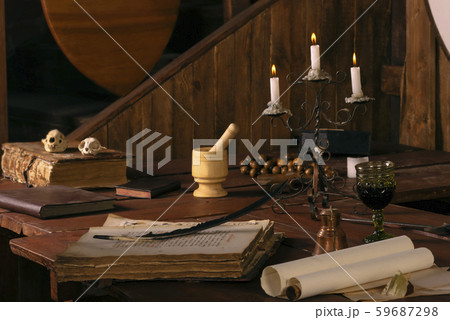 Old scrolls, book and recipe in magical laboratory. Witchcraft Old scrolls, book and recipe in magical laboratory. Witchcraft 59687298