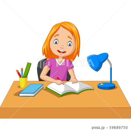 Cartoon little girl studying and writing - Stock Illustration [59689750] -  PIXTA