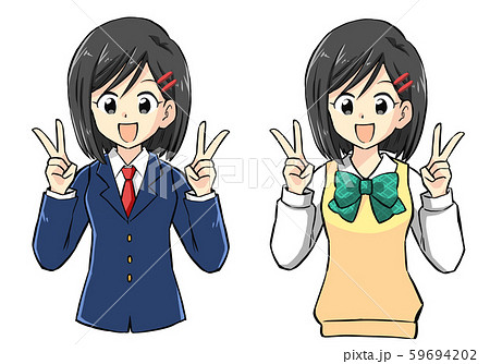 ピースサインをする女子高生のイラスト ピースサインをする女子高生のイラスト 59694202