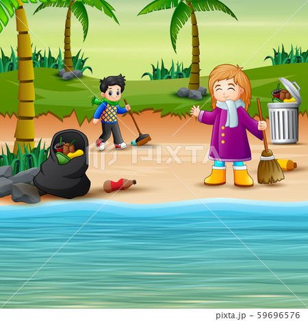 Volunteer kids cleaning the beach 59696576
