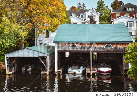 Boat cottage dock. Lake Ontario in autumn. Boat cottage dock. Lake Ontario in autumn. 59698104