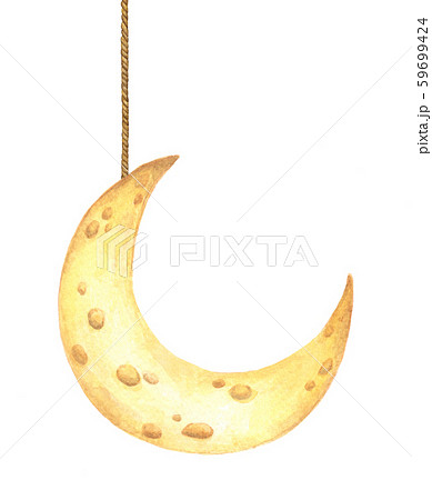 Cheese moon hanging from string painted in watercolor. Cheese moon hanging from string painted in watercolor. 59699424