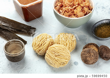 Ramen ingredients. Dried sea vegetable kelp, soba 59699450