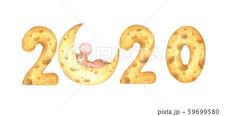 Happy New Year 2020. Cute mouse sleeping on the cheese moon and cheese calendar. 59699580