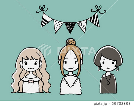 いろいろなタイプの女の子たち 巻き髪 お団子ヘア ボブヘアのイラスト素材