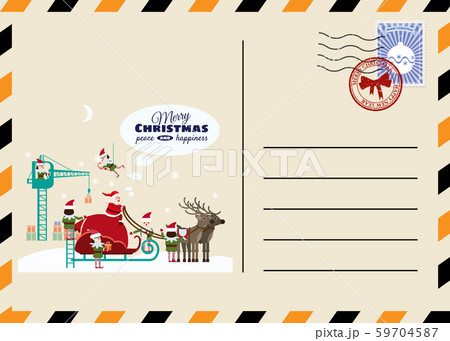 Christmas and New Year Postcard with stamps and mark. Santa sleigh with gifts elves helpers collect Christmas and New Year Postcard with stamps and mark. Santa sleigh with gifts elves helpers collect 59704587