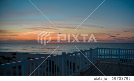 Dawn in the Caribbean Sea. Railing observation deck at sea. 59708793