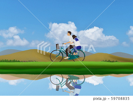 田舎の風景と自転車のイラスト素材