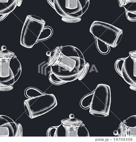Seamless pattern with hand drawn chalk teapots, cups Seamless pattern with hand drawn chalk teapots, cups 59709306