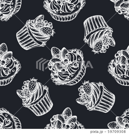 Seamless pattern with hand drawn chalk cupcake, cake 59709308