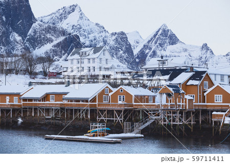traditional norwegian wooden house rorbu 59711411