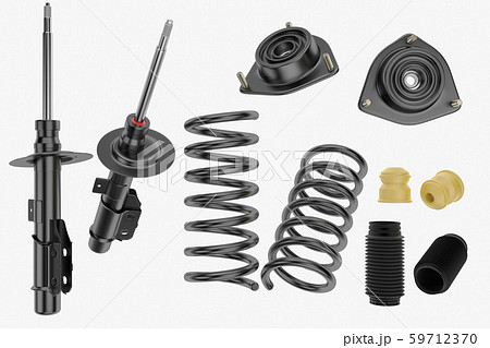 Passenger car Shock Absorber with dust cap, buffer mounting and strut mounting. 3D rendering. 59712370