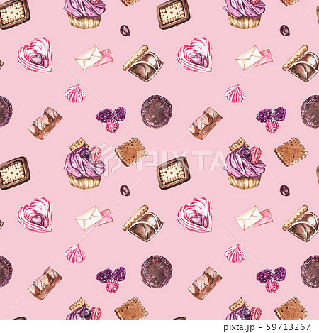 Watercolor image of a seamless pattern of sweets, candies in the shape of hearts, chocolates, cakes 59713267