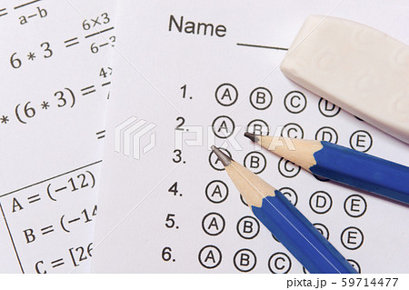 Pencil and eraser on answer sheets or Standardized 59714477