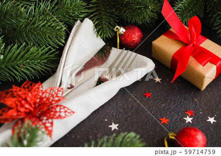 Christmas table setting. Winter background for writing the Christmas or New Year Menu. Christmas table setting. Winter background for writing the Christmas or New Year Menu. 59714759