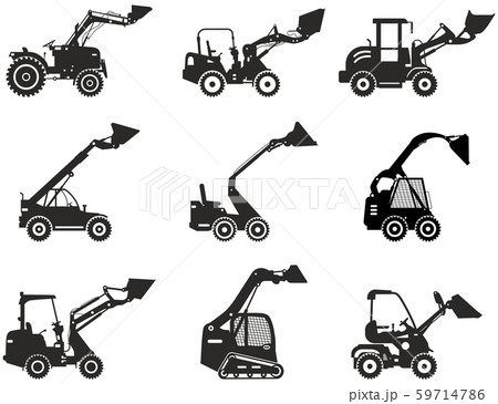 Set of skid steer loaders. Silhouette of heavy construction equipment and mining machine in flat 59714786