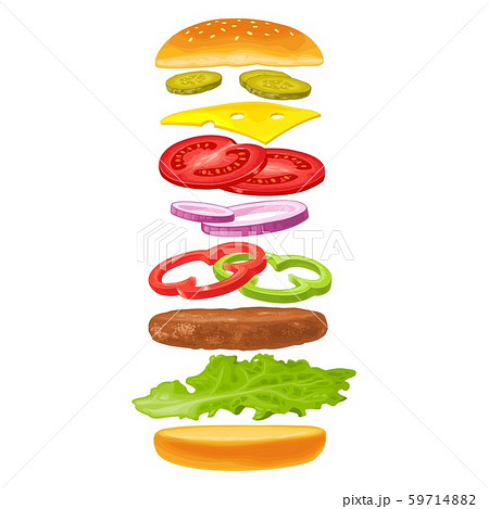 Burger with flying ingredients on white. Vector Burger with flying ingredients on white. Vector 59714882