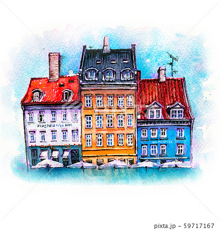 Watercolor sketch of Nyhavn, Copenhagen, Denmark.のイラスト素材