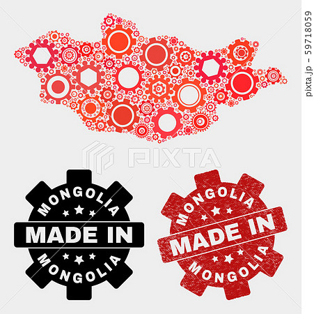 Mosaic Mongolia Map of Cog Elements and Grunge Stamp 59718059