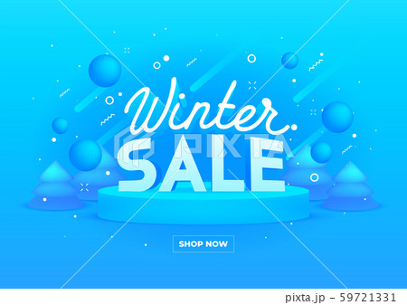 Web banner for Winter sale on blue background. 3D depth and realistic festive objects. 59721331