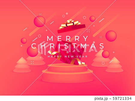 Merry Christmas and Happy New Year with red gift box and gold ribbon banner. 59721334