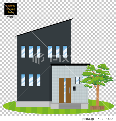 一戸建て 一軒家のイラスト 二階建て と植木 芝生の背景 マイホーム 木造住宅 ベクターデータのイラスト素材