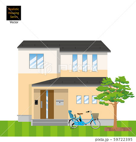一戸建て 一軒家のイラスト 二階建て と植木 芝生の背景 マイホーム 木造住宅 ベクターデータのイラスト素材