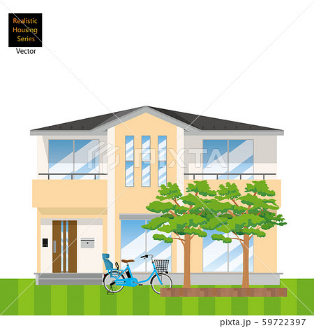 一戸建て 一軒家のイラスト 二階建て と植木 芝生の背景 マイホーム 木造住宅 ベクターデータのイラスト素材