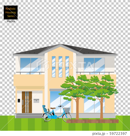 一戸建て、一軒家のイラスト（二階建て）と植木、芝生の背景_マイホーム、木造住宅_ベクターデータ 59722397