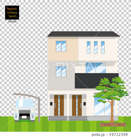 一戸建て 一軒家のイラスト 三階建て と植木 芝生の背景 マイ