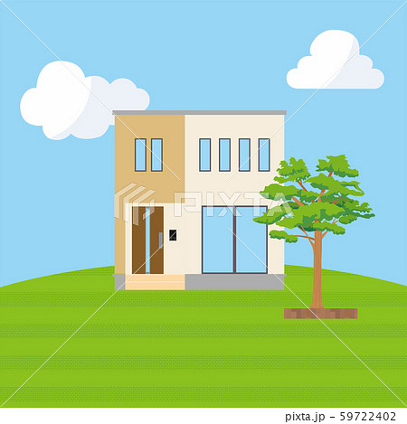 丘の上に建つ青空背景の一戸建て 一軒家のイラスト 二階建て マイホーム 木造住宅 ベクターデータのイラスト素材