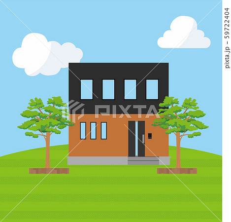 丘の上に建つ青空背景の一戸建て 一軒家のイラスト 二階建て マイホーム 木造住宅 ベクターデータのイラスト素材