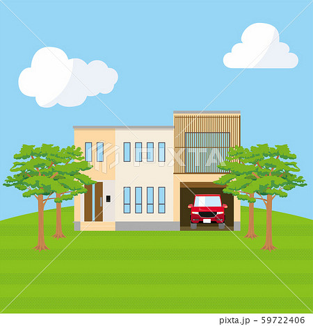 丘の上に建つ青空背景の一戸建て 一軒家のイラスト 二階建て マイホーム 木造住宅 ベクターデータのイラスト素材