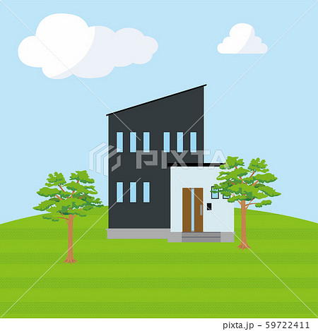 丘の上に建つ青空背景の一戸建て、一軒家のイラスト(二階建て)_マイホーム、木造住宅_ベクターデータ 丘の上に建つ青空背景の一戸建て、一軒家のイラスト(二階建て)_マイホーム、木造住宅_ベクターデータ 59722411