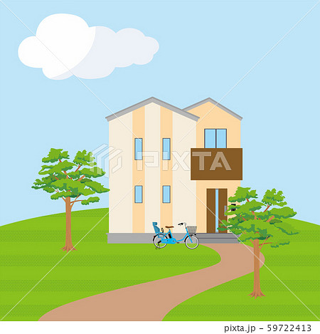 丘の上に建つ青空背景の一戸建て、一軒家のイラスト(二階建て)_マイホーム、木造住宅_ベクターデータ 丘の上に建つ青空背景の一戸建て、一軒家のイラスト(二階建て)_マイホーム、木造住宅_ベクターデータ 59722413
